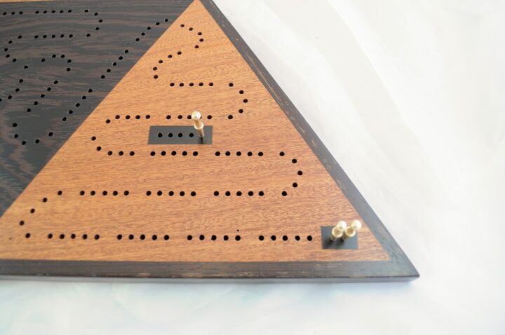 Triangle 3 Player Cribbage Race Board - Khaya & Wenge with Ebony Inlays Corner
